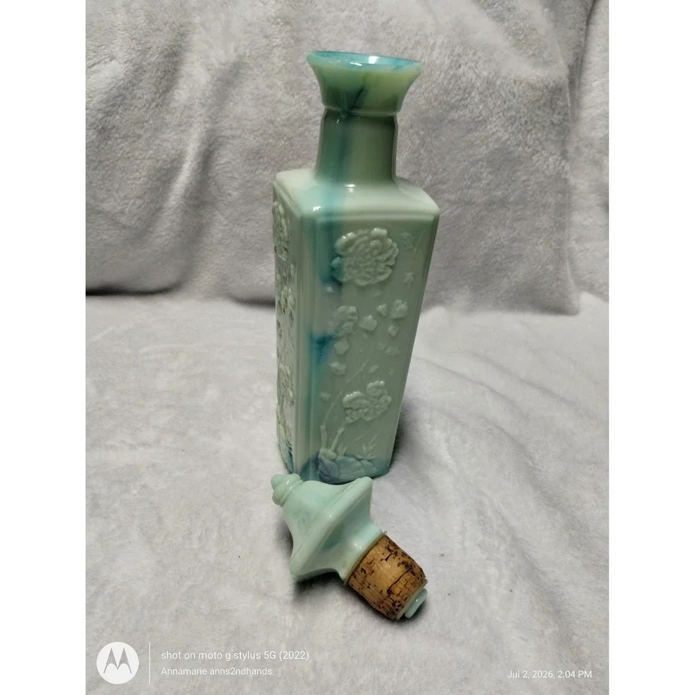Vintage‎ Blue Green Slag Glass Liquor Bottle Decanter Floral Embossed w/ Stopper